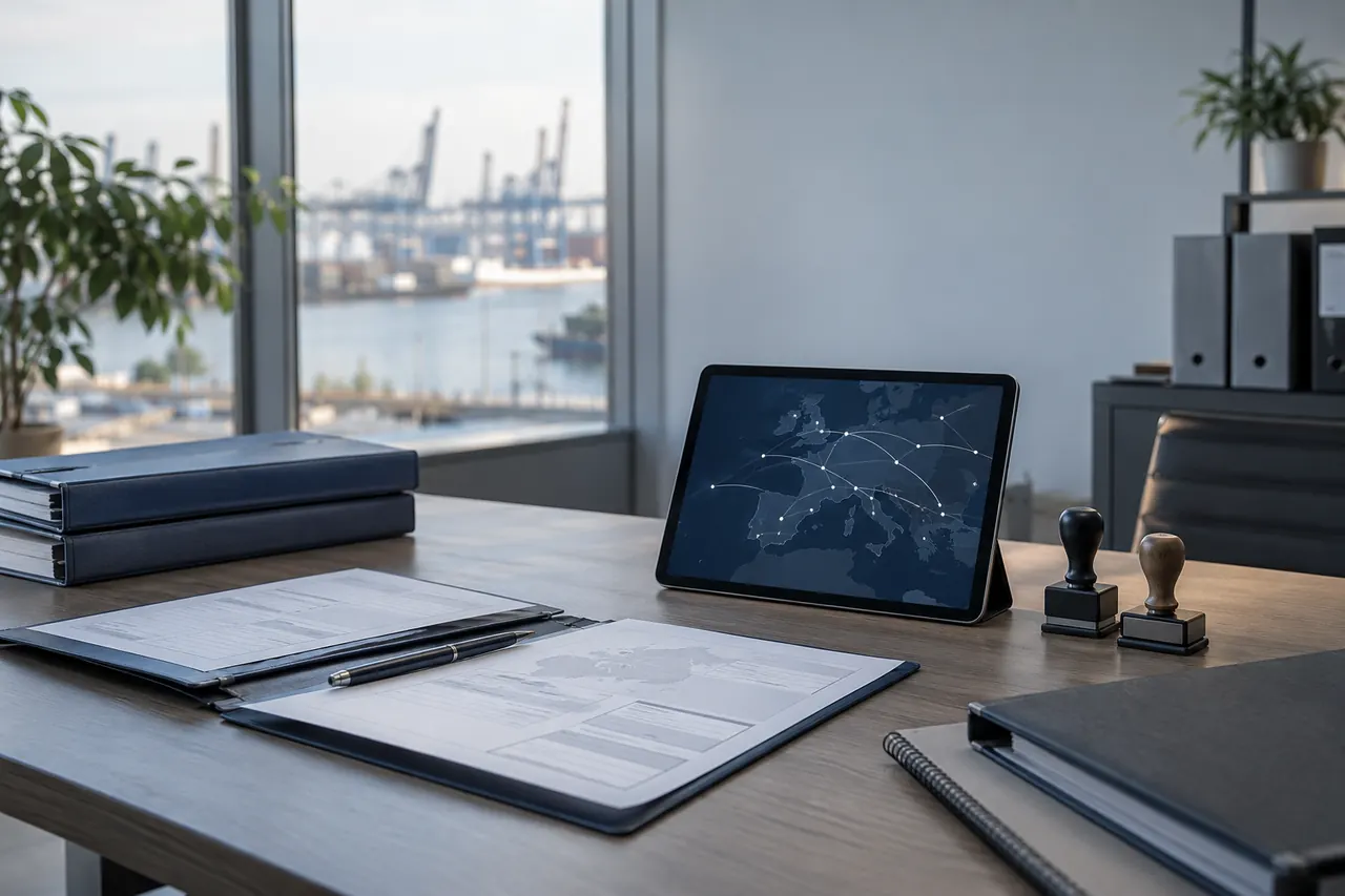 Carpetas de documentación, sellos y una tablet con un mapa de rutas sobre una mesa de oficina.